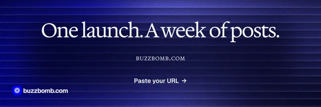 X header for BuzzBomb: "One launch. A week of posts." Agentic glass style, smallcaps layout, dark palette in blue.