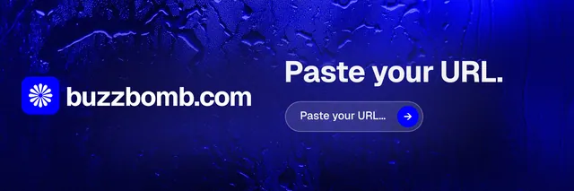 X header for BuzzBomb: "Paste your URL." Agentic glass style, logo hero layout, dark palette in blue.