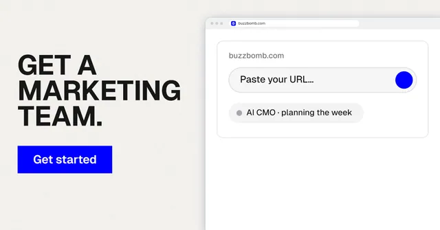 Social ad for BuzzBomb: "Get a marketing team." Swiss style, browser layout, light palette in white, blue.