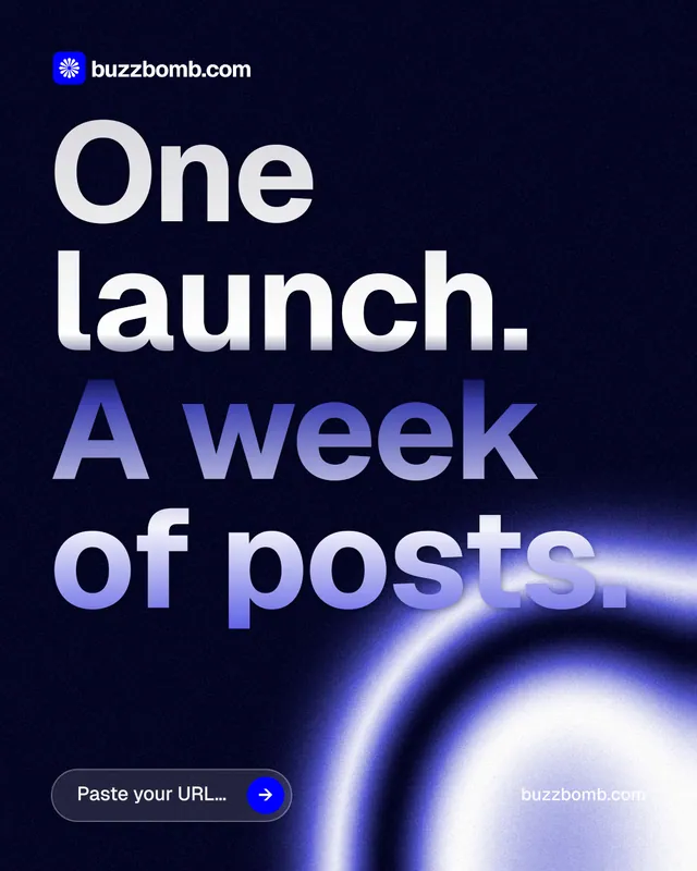 Instagram portrait post for BuzzBomb: "One launch. A week of posts." Agentic glass style, poster layout, dark palette in black, blue.