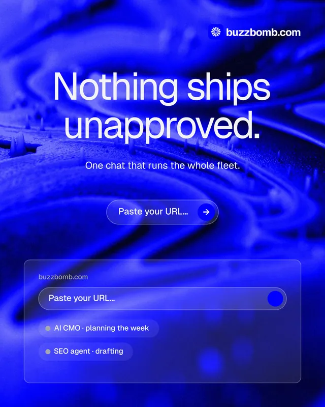 Instagram portrait post for BuzzBomb: "Nothing ships unapproved." Agentic glass style, centred layout, dark palette in blue.
