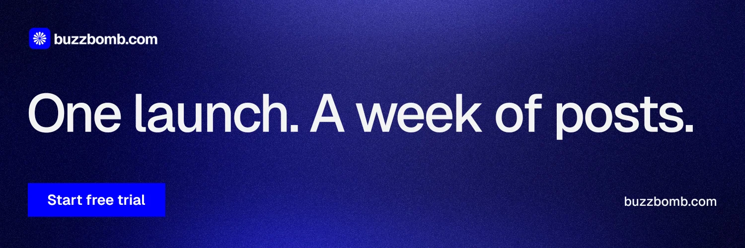 X header for BuzzBomb: "One launch. A week of posts." Swiss style, poster layout, dark palette in blue.