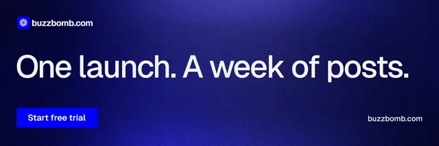 X header for BuzzBomb: "One launch. A week of posts." Swiss style, poster layout, dark palette in blue.