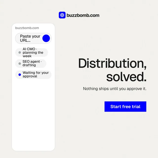 Instagram post for BuzzBomb: "Distribution, solved." Swiss style, right layout, light palette in white.