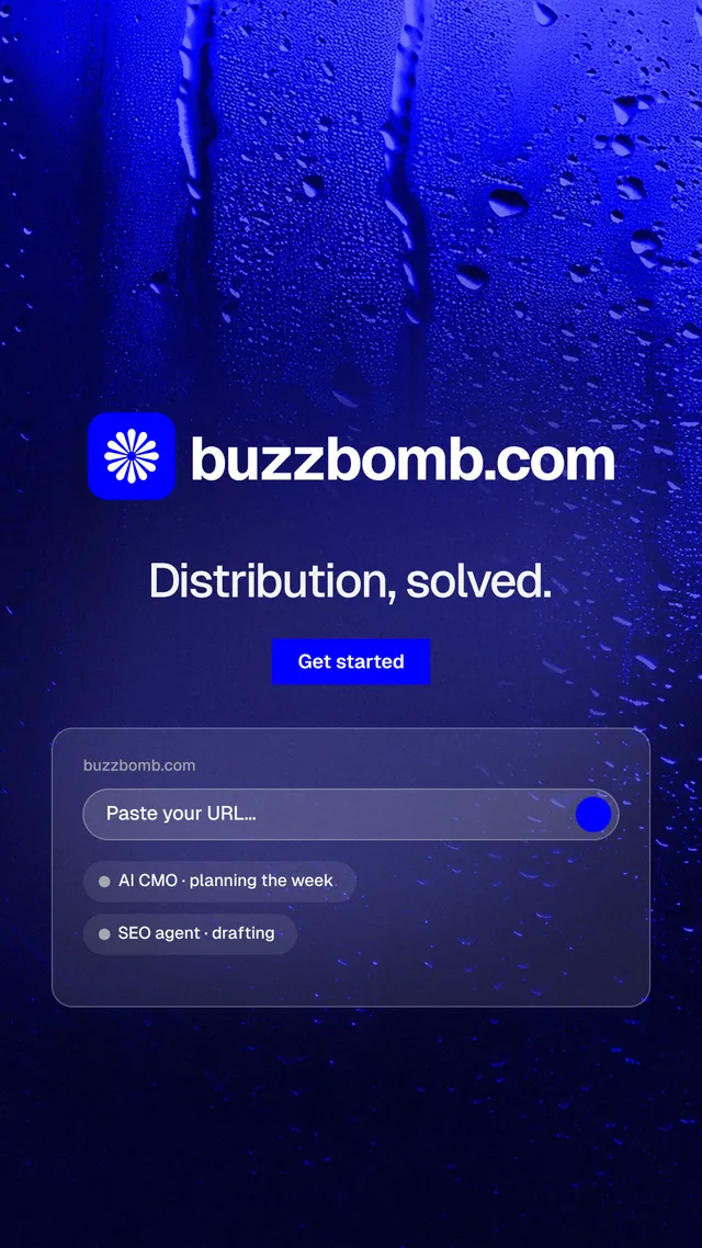 Instagram story for BuzzBomb: "Distribution, solved." Swiss style, logo hero layout, dark palette in black, blue.