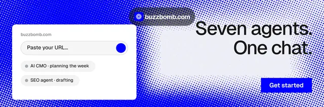 X header for BuzzBomb: "Seven agents. One chat." Swiss style, right layout, light palette in blue, white.