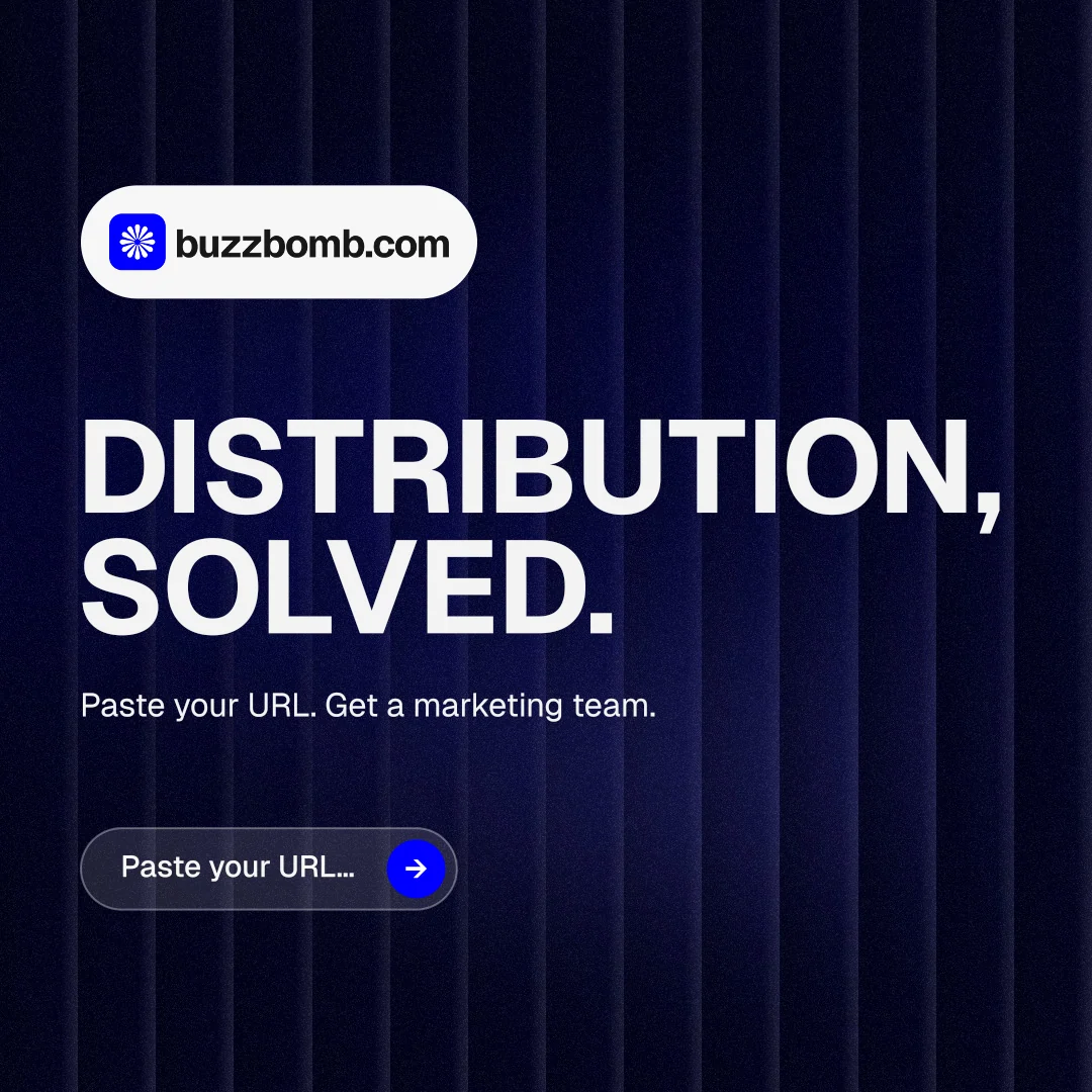 Instagram post for BuzzBomb: "Distribution, solved." Agentic glass style, announce layout, dark palette in black, grey.