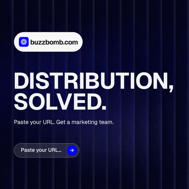 Instagram post for BuzzBomb: "Distribution, solved." Agentic glass style, announce layout, dark palette in black, grey.