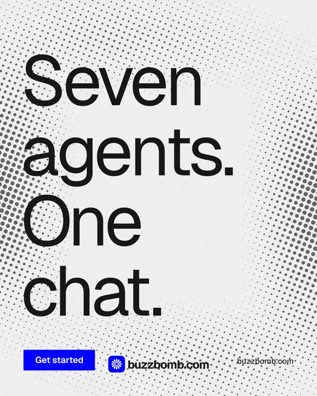 Instagram portrait post for BuzzBomb: "Seven agents. One chat." Swiss style, poster layout, light palette in white, grey.