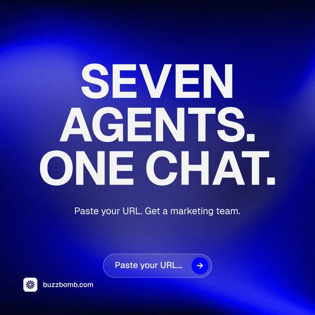 Instagram post for BuzzBomb: "Seven agents. One chat." Agentic glass style, centred layout, dark palette in blue.