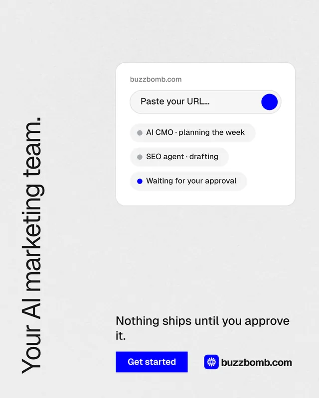 Instagram portrait post for BuzzBomb: "Your AI marketing team." Swiss style, vertical layout, light palette in white.