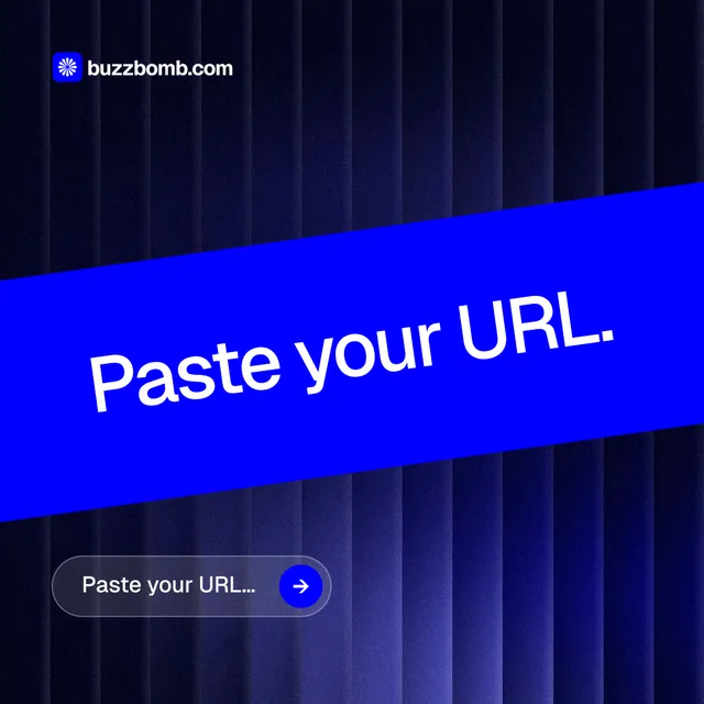 Instagram post for BuzzBomb: "Paste your URL." Agentic glass style, diagonal layout, dark palette in blue, black.