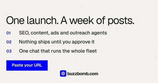 Social ad for BuzzBomb: "One launch. A week of posts." Swiss style, numbered layout, light palette in white, grey.
