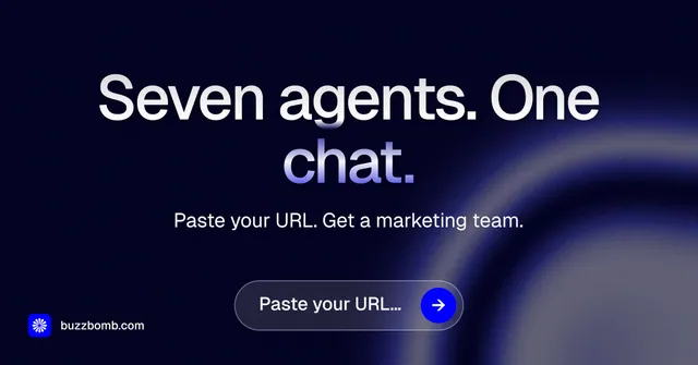 Social ad for BuzzBomb: "Seven agents. One chat." Agentic glass style, centred layout, dark palette in black, grey, blue.
