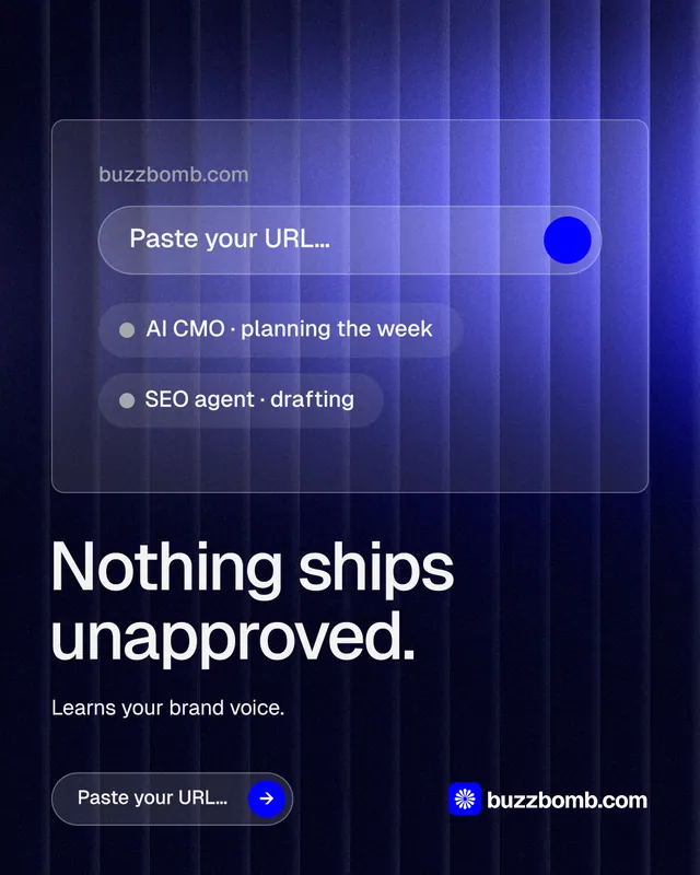 Instagram portrait post for BuzzBomb: "Nothing ships unapproved." Agentic glass style, bottom layout, dark palette in black, blue.