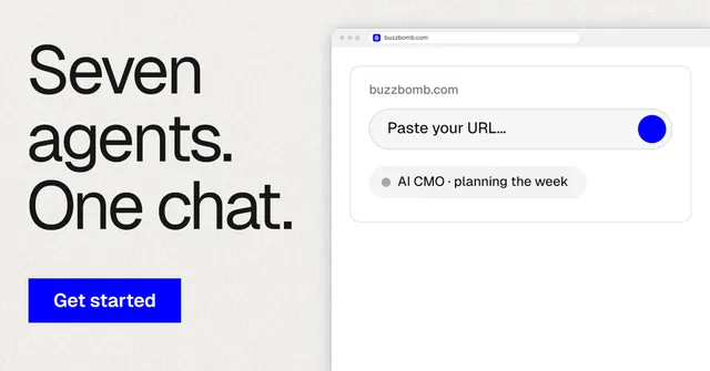 Social ad for BuzzBomb: "Seven agents. One chat." Swiss style, browser layout, light palette in white, grey.