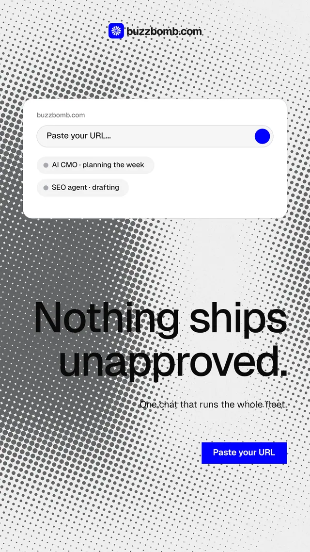 Instagram story for BuzzBomb: "Nothing ships unapproved." Swiss style, right layout, light palette in white, grey.