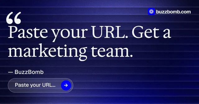 Social ad for BuzzBomb: "Get a marketing team." Agentic glass style, quote layout, dark palette in blue, grey.