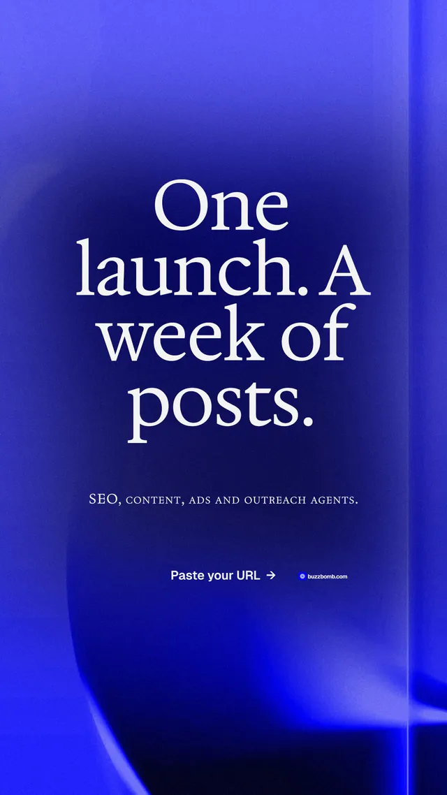 Instagram story for BuzzBomb: "One launch. A week of posts." Agentic glass style, smallcaps layout, dark palette in blue.