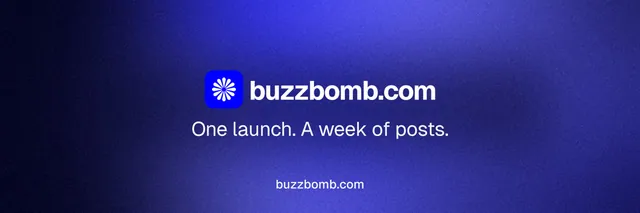 X header for BuzzBomb: "One launch. A week of posts." Agentic glass style, end card layout, dark palette in blue.