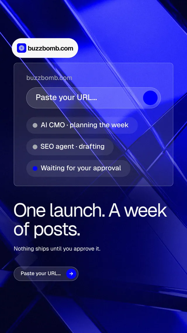 Instagram story for BuzzBomb: "One launch. A week of posts." Agentic glass style, bottom layout, dark palette in black, blue.