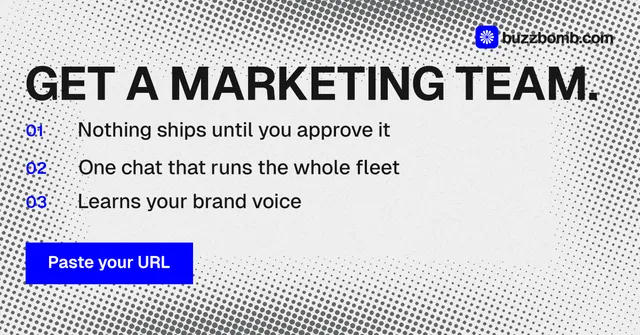 Social ad for BuzzBomb: "Get a marketing team." Swiss style, numbered layout, light palette in white, grey.