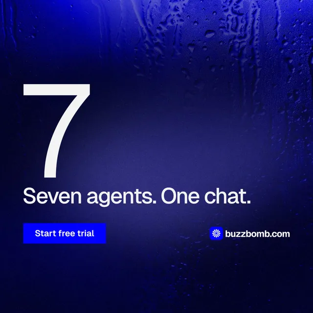 Instagram post for BuzzBomb: "Paste your URL." Swiss style, stat layout, dark palette in blue, black.
