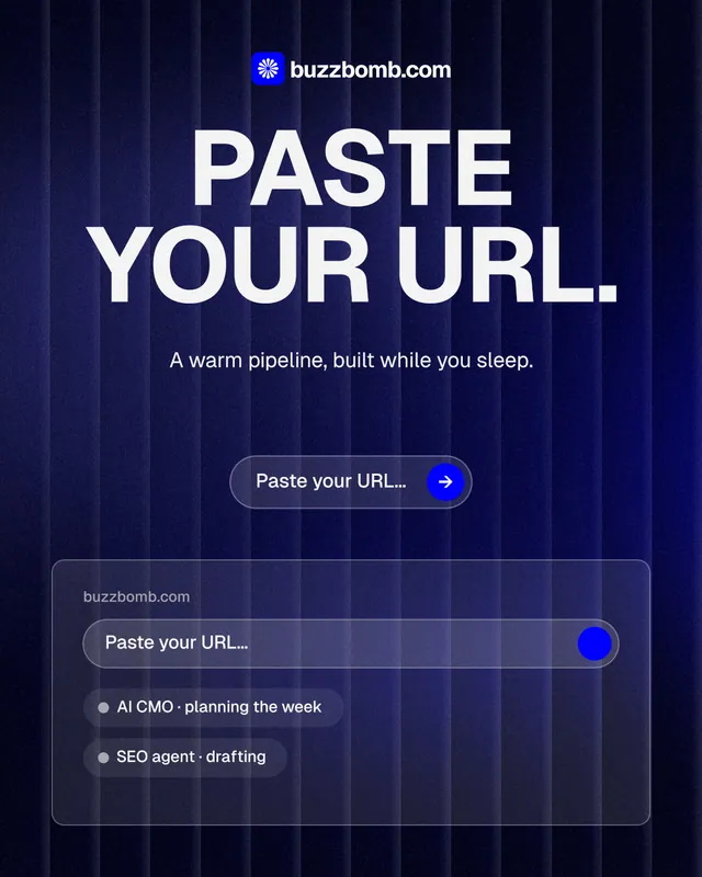 Instagram portrait post for BuzzBomb: "Paste your URL." Agentic glass style, centred layout, dark palette in blue, black, grey.