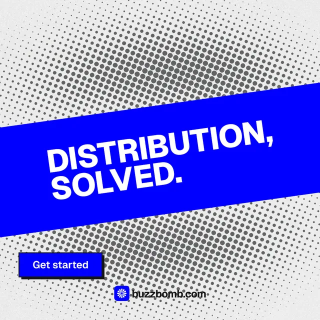 Instagram post for BuzzBomb: "Distribution, solved." Brutalist style, diagonal layout, light palette in blue, grey, white.