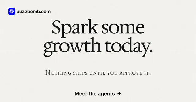 Social ad for BuzzBomb: "Spark some growth today." Swiss style, smallcaps layout, light palette in white, grey.