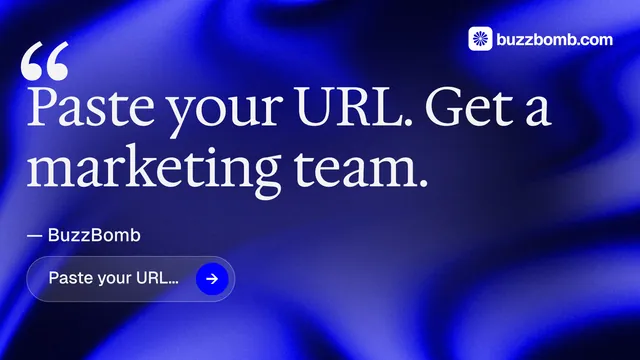 Landscape graphic for BuzzBomb: "Paste your URL." Agentic glass style, quote layout, dark palette in blue.