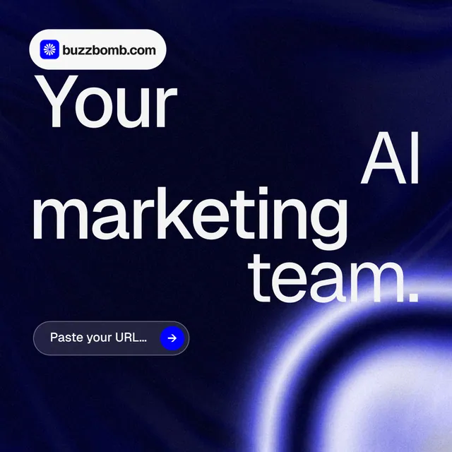 Instagram post for BuzzBomb: "Your AI marketing team." Agentic glass style, stacked layout, dark palette in black, blue.