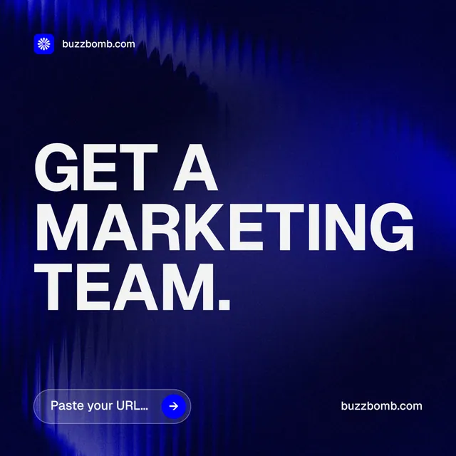 Instagram post for BuzzBomb: "Get a marketing team." Agentic glass style, poster layout, dark palette in black, blue, grey.