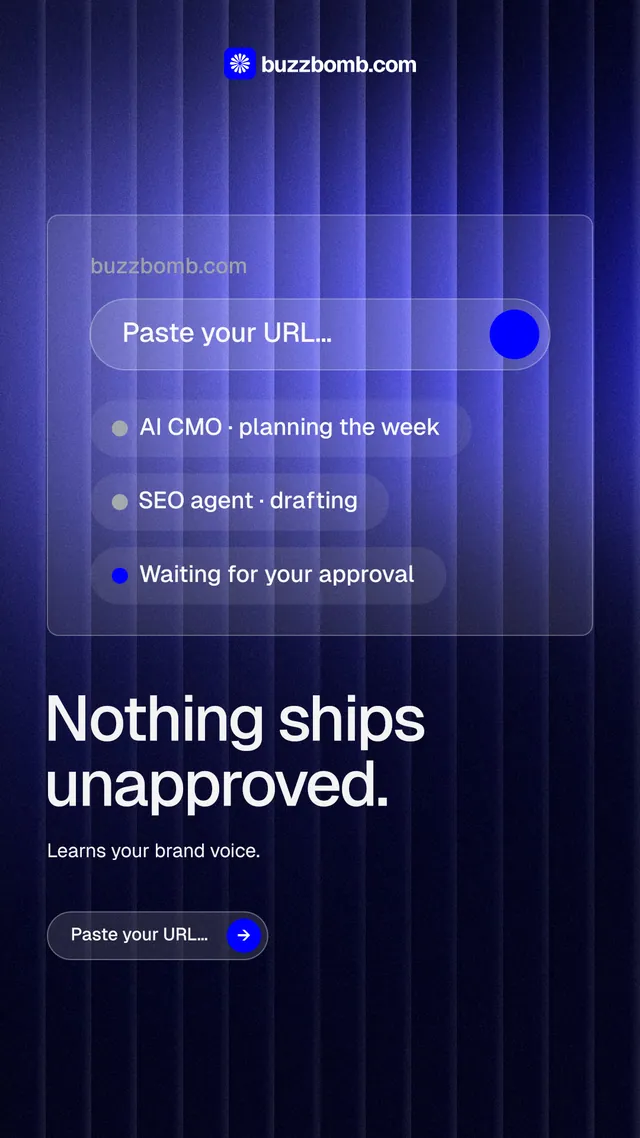 Instagram story for BuzzBomb: "Nothing ships unapproved." Agentic glass style, bottom layout, dark palette in blue, black.