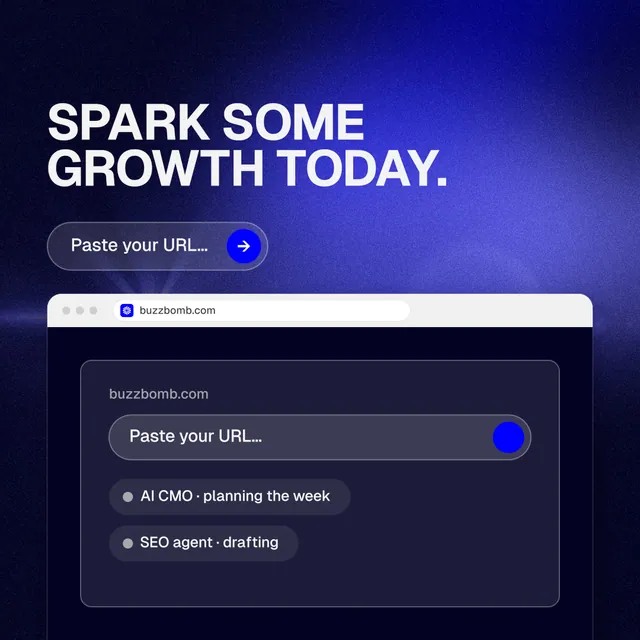 Instagram post for BuzzBomb: "Spark some growth today." Agentic glass style, browser layout, dark palette in black, blue.