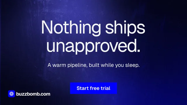 Landscape graphic for BuzzBomb: "Nothing ships unapproved." Swiss style, centred layout, dark palette in black, blue.