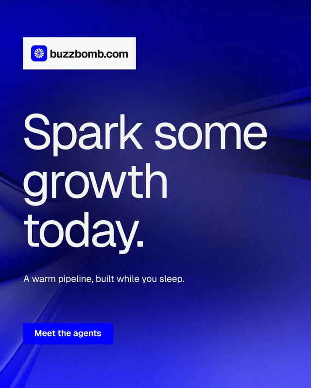 Instagram portrait post for BuzzBomb: "Spark some growth today." Swiss style, announce layout, dark palette in blue.