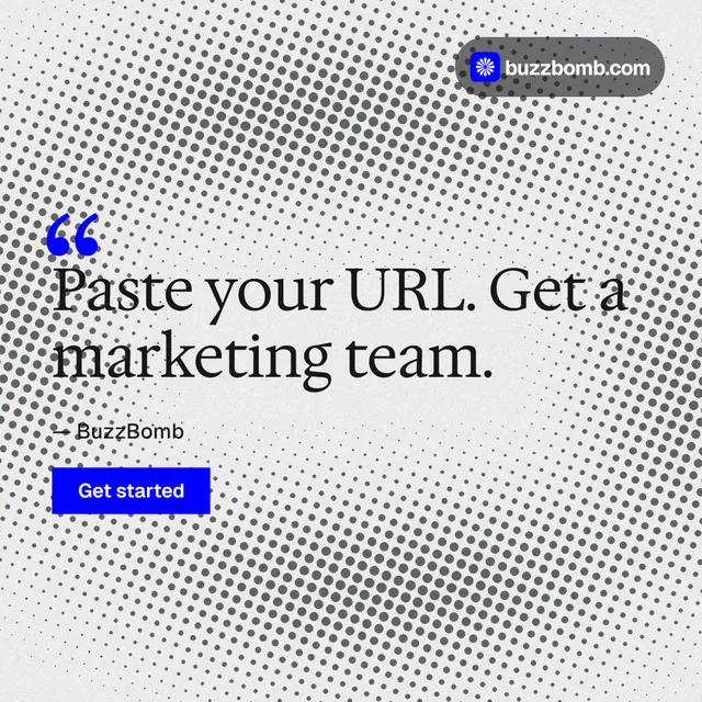Instagram post for BuzzBomb: "Paste your URL." Swiss style, quote layout, light palette in grey, white.