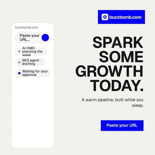 Instagram post for BuzzBomb: "Spark some growth today." Swiss style, right layout, light palette in white, blue.