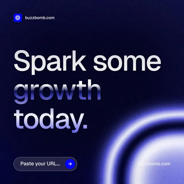Instagram post for BuzzBomb: "Spark some growth today." Agentic glass style, poster layout, dark palette in black, blue.