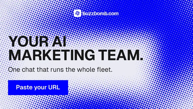 Landscape graphic for BuzzBomb: "Your AI marketing team." Swiss style, skeleton layout, light palette in blue, white.