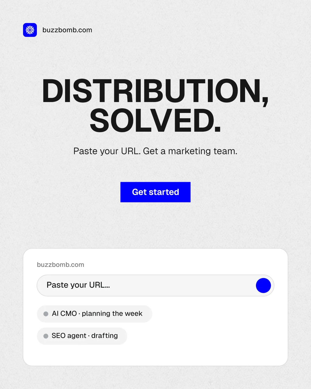 Instagram portrait post for BuzzBomb: "Distribution, solved." Swiss style, centred layout, light palette in white, grey.