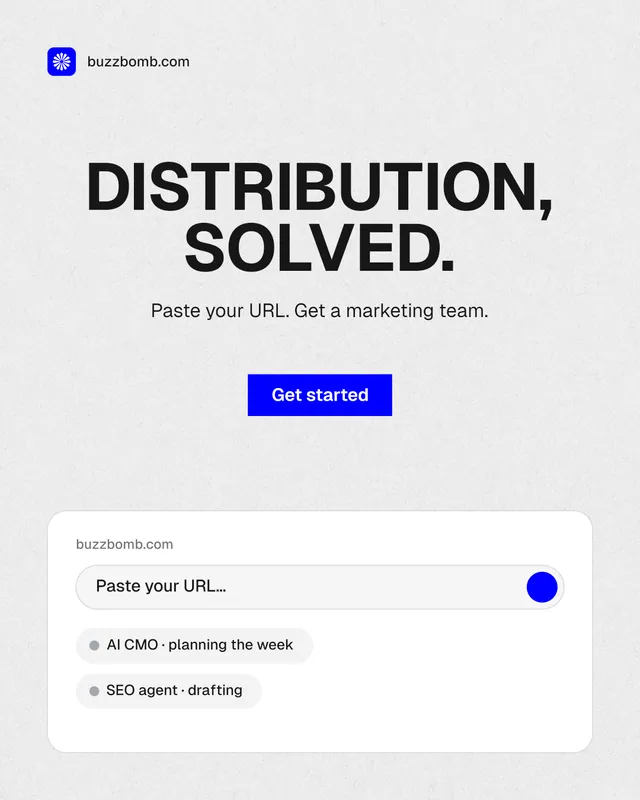 Instagram portrait post for BuzzBomb: "Distribution, solved." Swiss style, centred layout, light palette in white, grey.