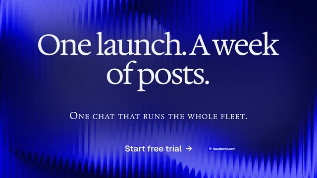 Landscape graphic for BuzzBomb: "One launch. A week of posts." Agentic glass style, smallcaps layout, dark palette in blue.