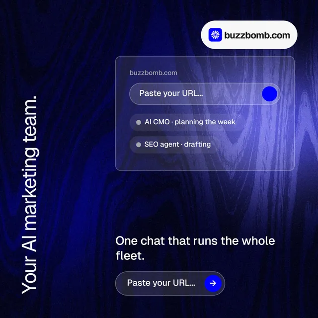 Instagram post for BuzzBomb: "Your AI marketing team." Agentic glass style, vertical layout, dark palette in black, blue.
