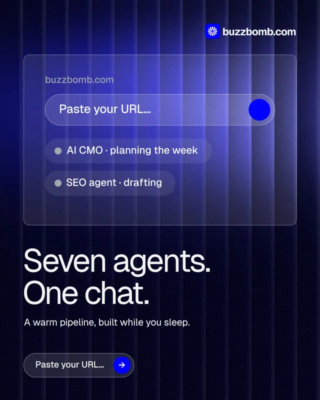 Instagram portrait post for BuzzBomb: "Seven agents. One chat." Agentic glass style, bottom layout, dark palette in blue, black.