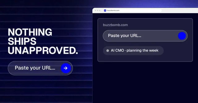 Social ad for BuzzBomb: "Nothing ships unapproved." Agentic glass style, browser layout, dark palette in black, blue, grey.