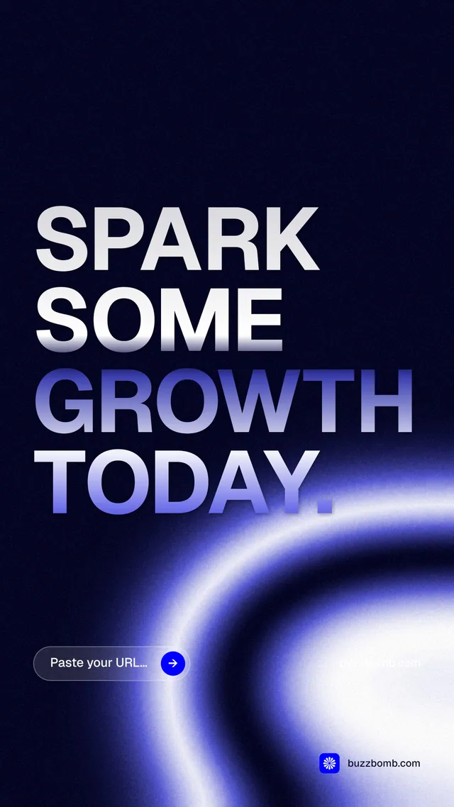 Instagram story for BuzzBomb: "Spark some growth today." Agentic glass style, poster layout, dark palette in black, blue.