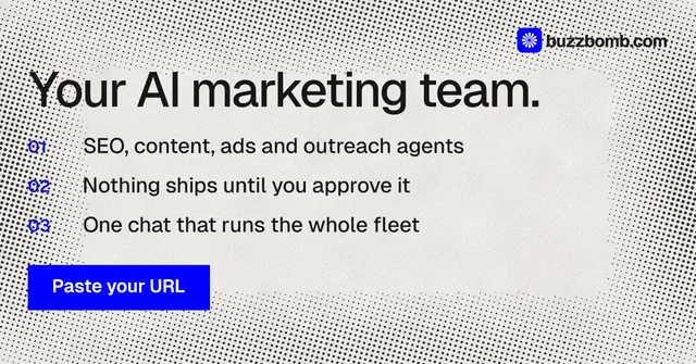 Social ad for BuzzBomb: "Your AI marketing team." Swiss style, numbered layout, light palette in grey, white.