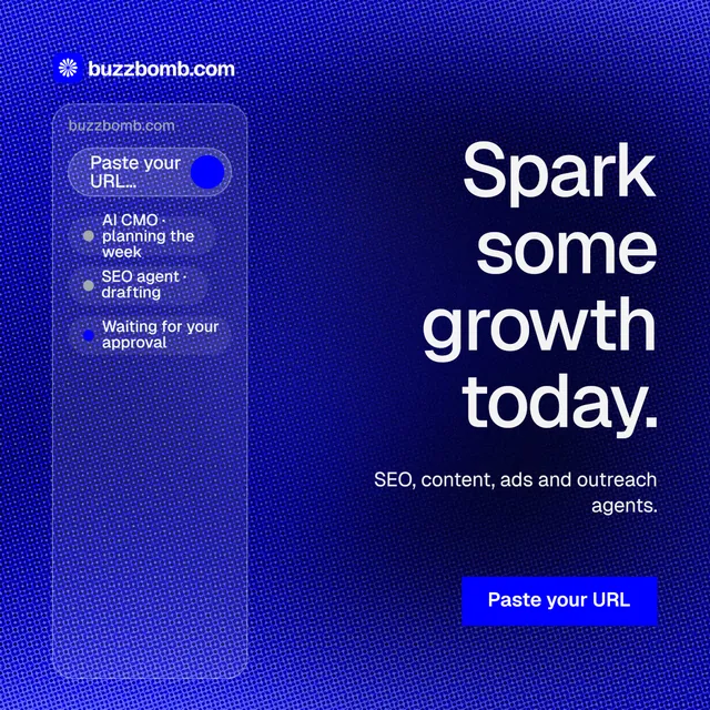 Instagram post for BuzzBomb: "Spark some growth today." Swiss style, right layout, dark palette in blue.